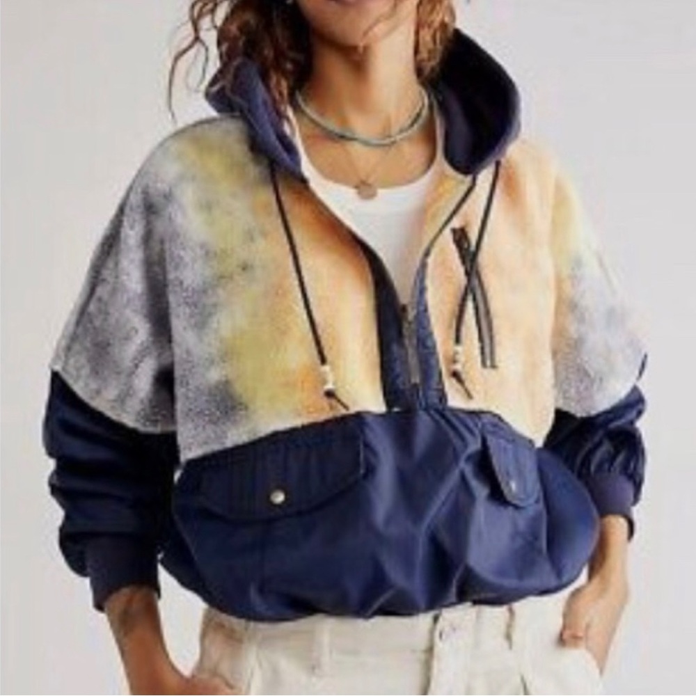 Free People Navy Blue and Pastel Tie-Dye Hooded Pullover Jacket
